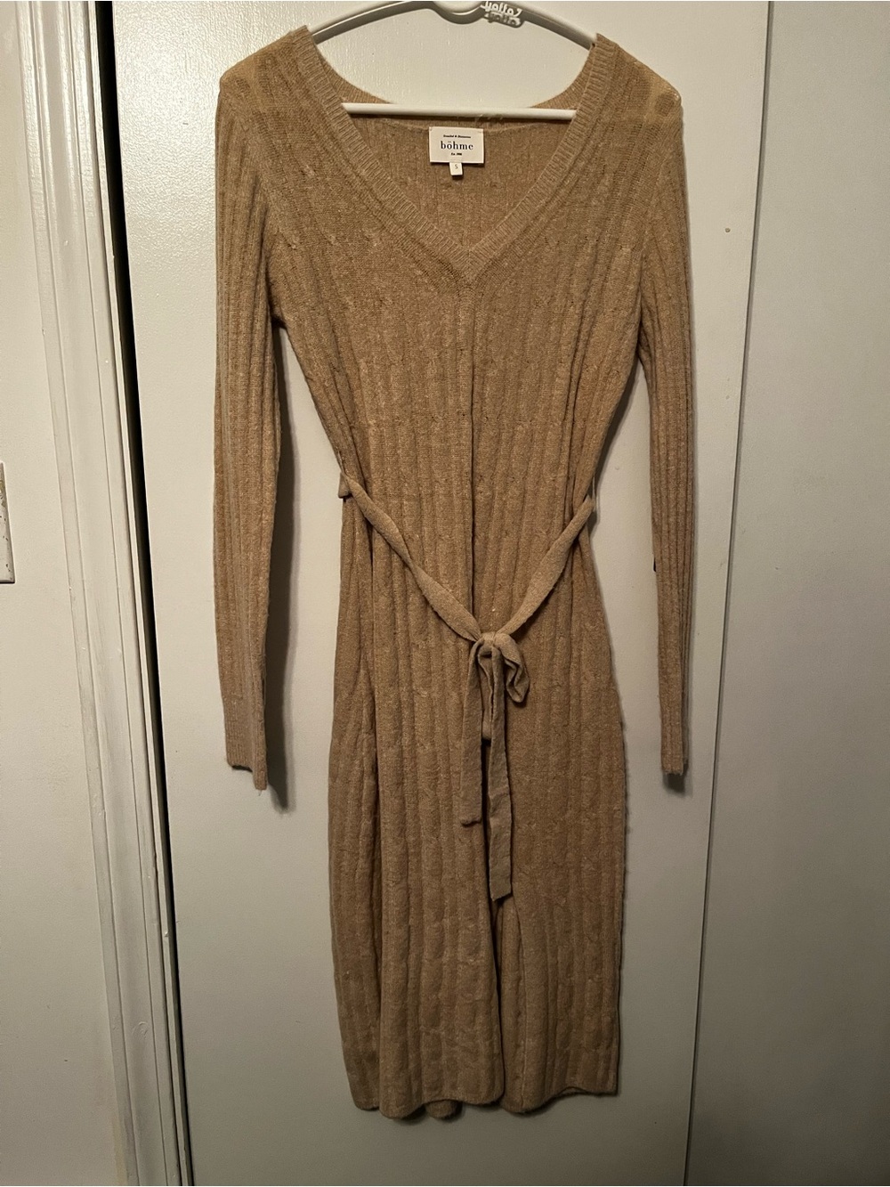 bohme Ribbed Taupe V-Neck Long Sleeve Belted Knit Dress, size S